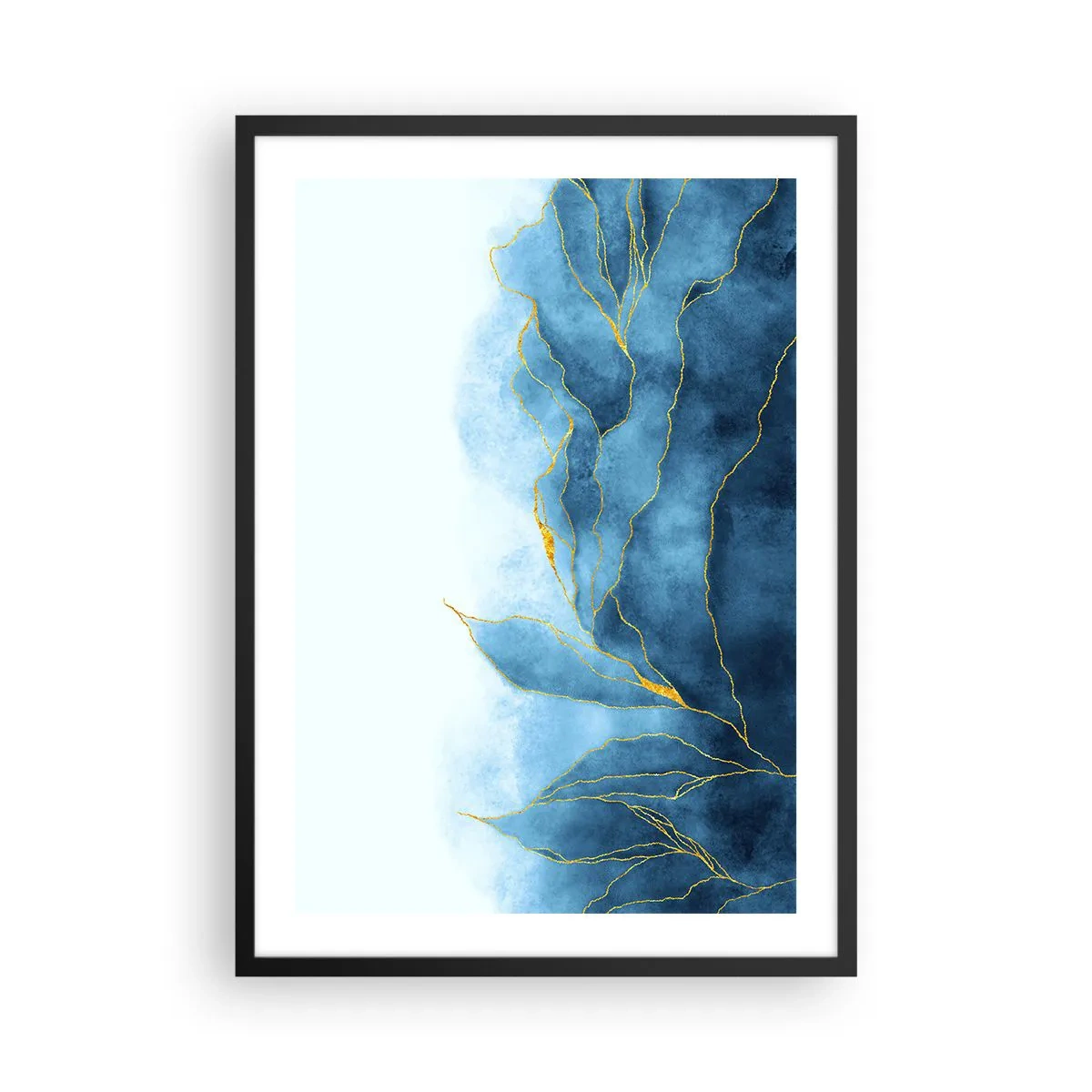 Poszter fehér keretben - Egy absztrakt kompozíció kék árnyalatokban, arany vonalakkal. - 50x70cm - Kék aranyban - Modern fali dekoráció nappalihoz és hálószobához ARTTOR