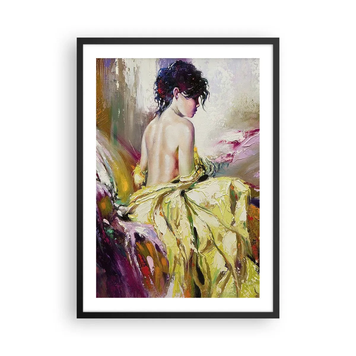 Poszter fehér keretben - Egy sárga ruhás nő alakja festett háttér előtt - 50x70cm - Az ajkak és a csésze pereme között - Modern fali dekoráció nappalihoz és hálószobához ARTTOR