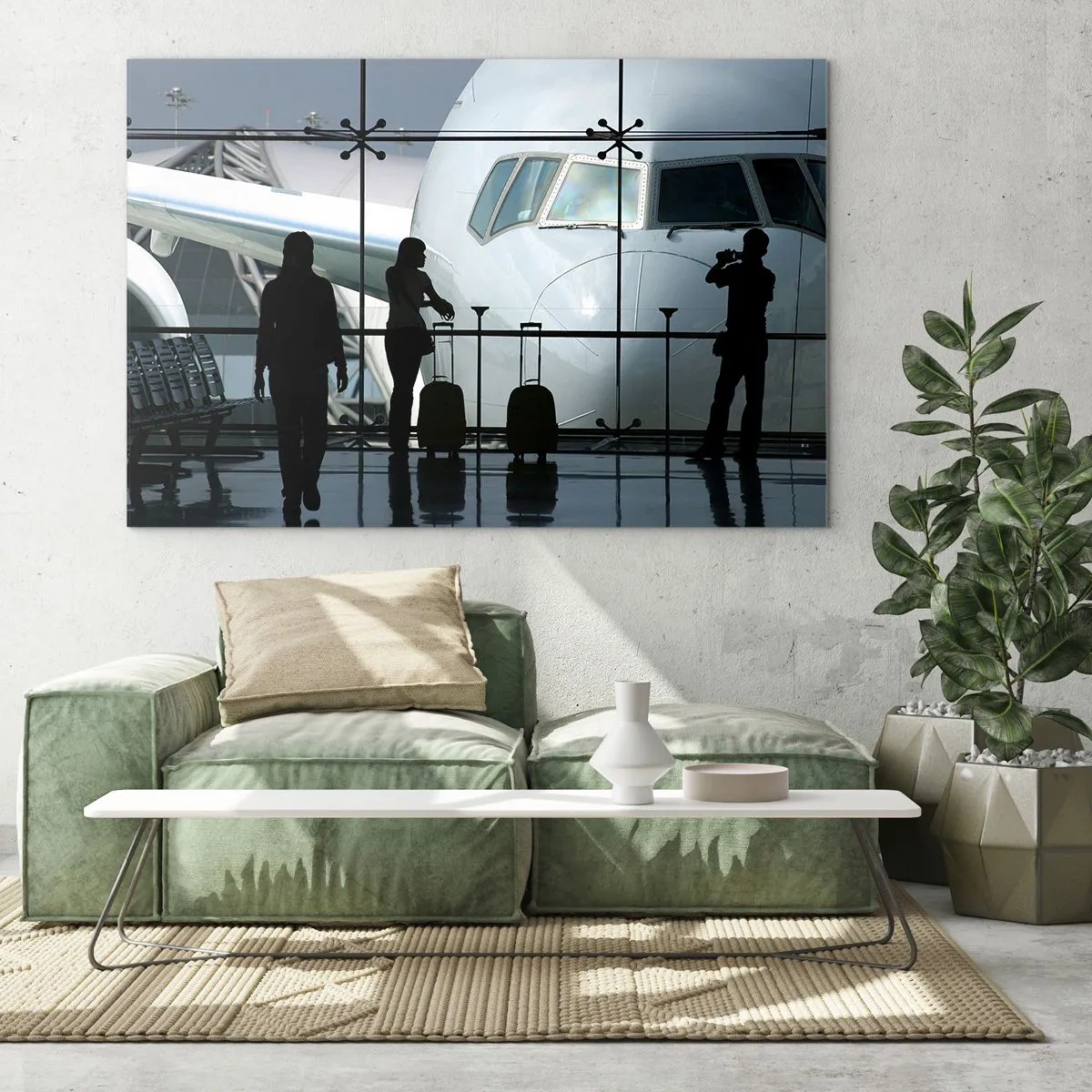 Üveg kép - Repülőtér kilátással a repülőgépre és az utazók sziluettjeire - 70x50cm - Vis a vis a repülőtéren - Modern fali dekoráció nappalihoz és hálószobához ARTTOR
