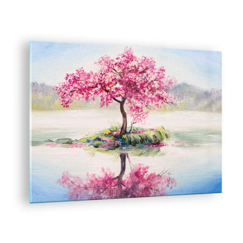 Üveg kép - Egy rózsaszín fa egy szigeten, tükröződik a nyugodt vízben - 70x50cm - A tavasz ünnepe - Modern fali dekoráció nappalihoz és hálószobához ARTTOR