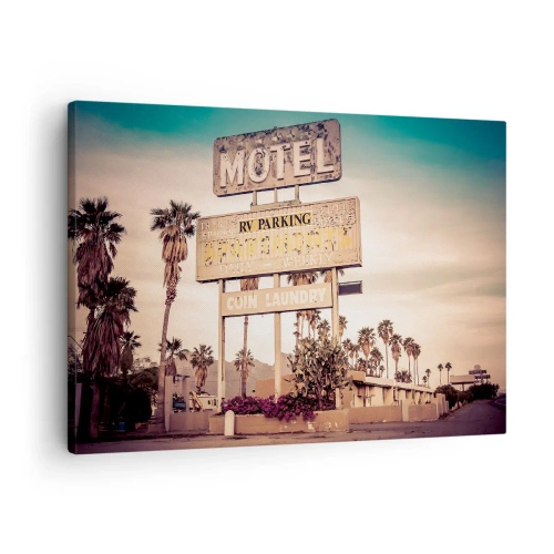 Vászonkép - Pálmafákkal körülvett retró moteltábla - 70x50cm - Itt megállt az idő - Modern fali dekoráció nappalihoz és hálószobához ARTTOR