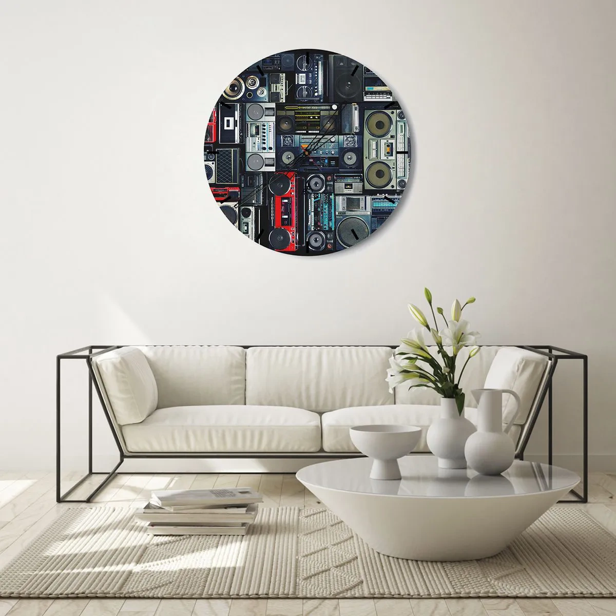 Falióra, Óra - Színes retró stílusú rádiók és magnók - 30x30cm - A 80-as évek nosztalgiája - Modern fali dekoráció nappalihoz, konyhához és hálószobához ARTTOR