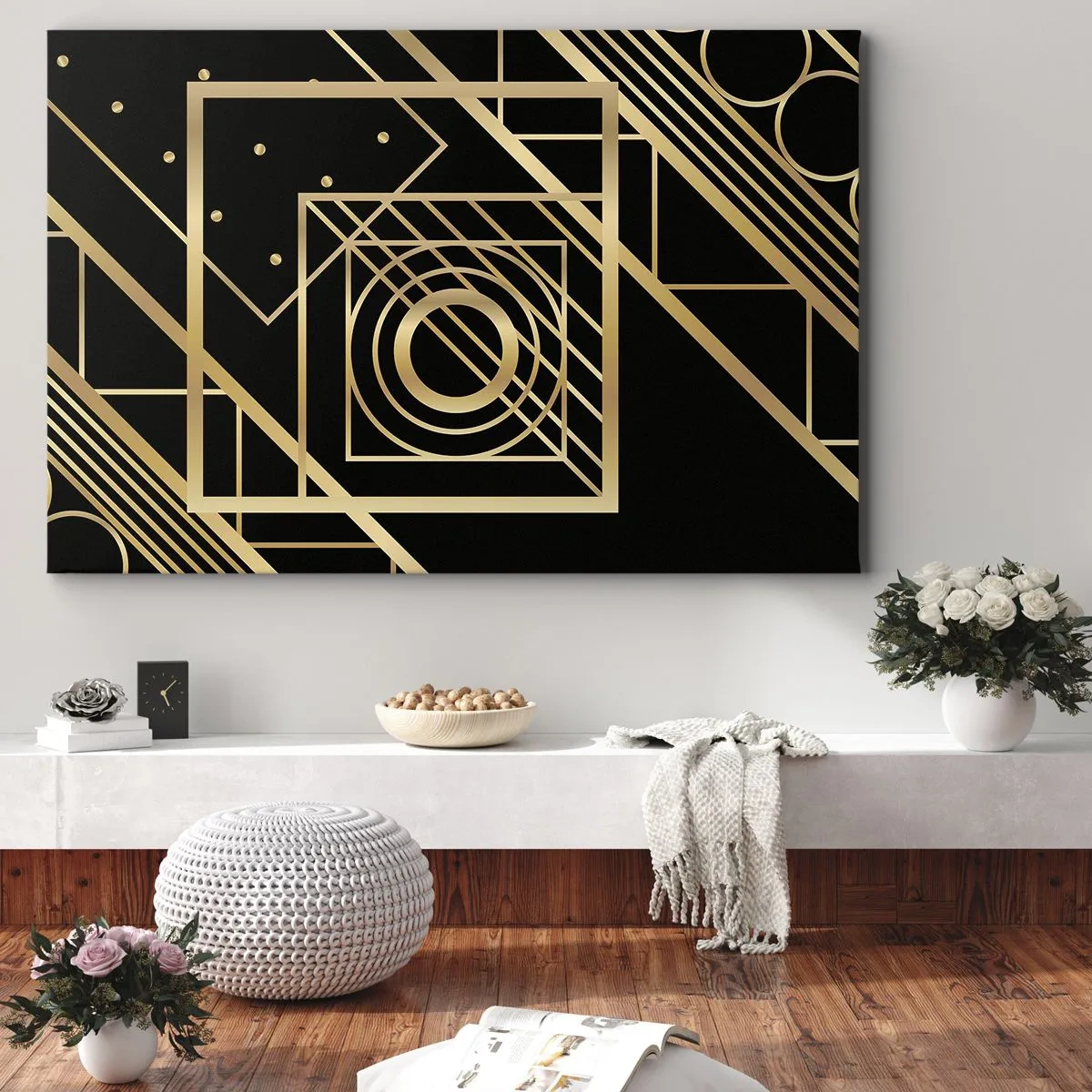 Vászonkép - Arany geometrikus minták fekete háttéren - 70x50cm - Arany geometria - Modern fali dekoráció nappalihoz és hálószobához ARTTOR