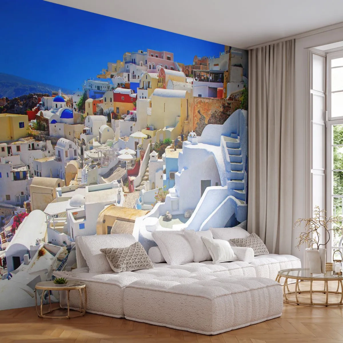 Fotótapéta Premium Sand - Álom a görög nyárról - Építészet, Tájkép, Santorini - 100x70 cm