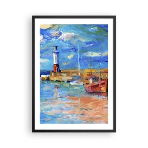 Poszter fehér keretben - Festői kikötő világítótoronnyal és kikötött hajókkal - 50x70cm - Egy délután a szivárványos öbölben - Modern fali dekoráció nappalihoz és hálószobához ARTTOR