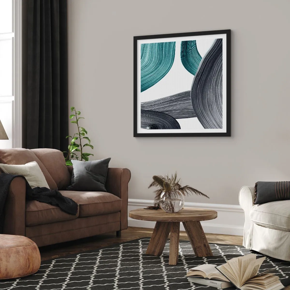 Poszter fehér keretben - Smaragdzöld és fekete nyomok - 60x60 cm