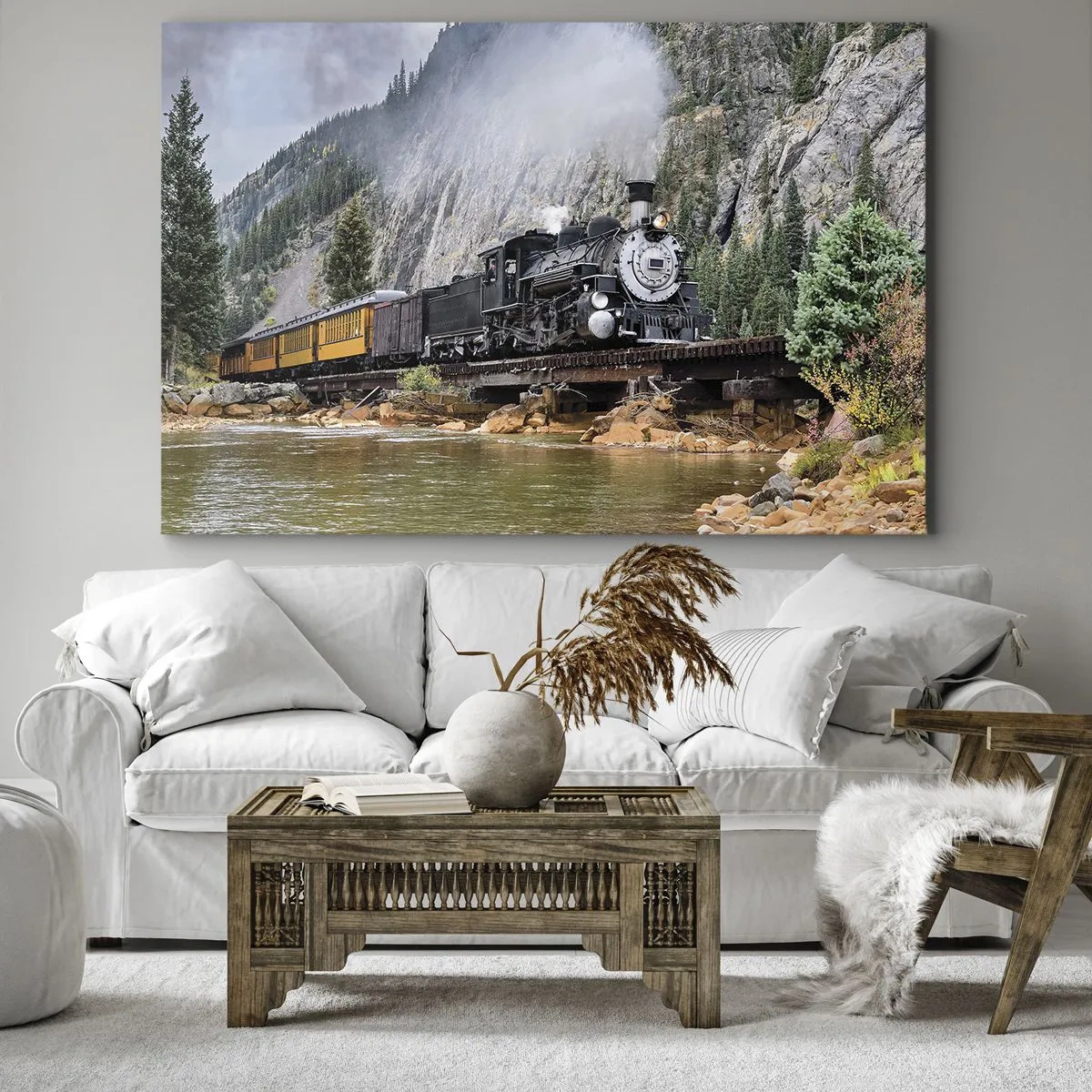 Vászonkép - Gőzmozdony egy hídon, festői hegyi tájban - 70x50cm - Hova? Hova? - Modern fali dekoráció nappalihoz és hálószobához ARTTOR