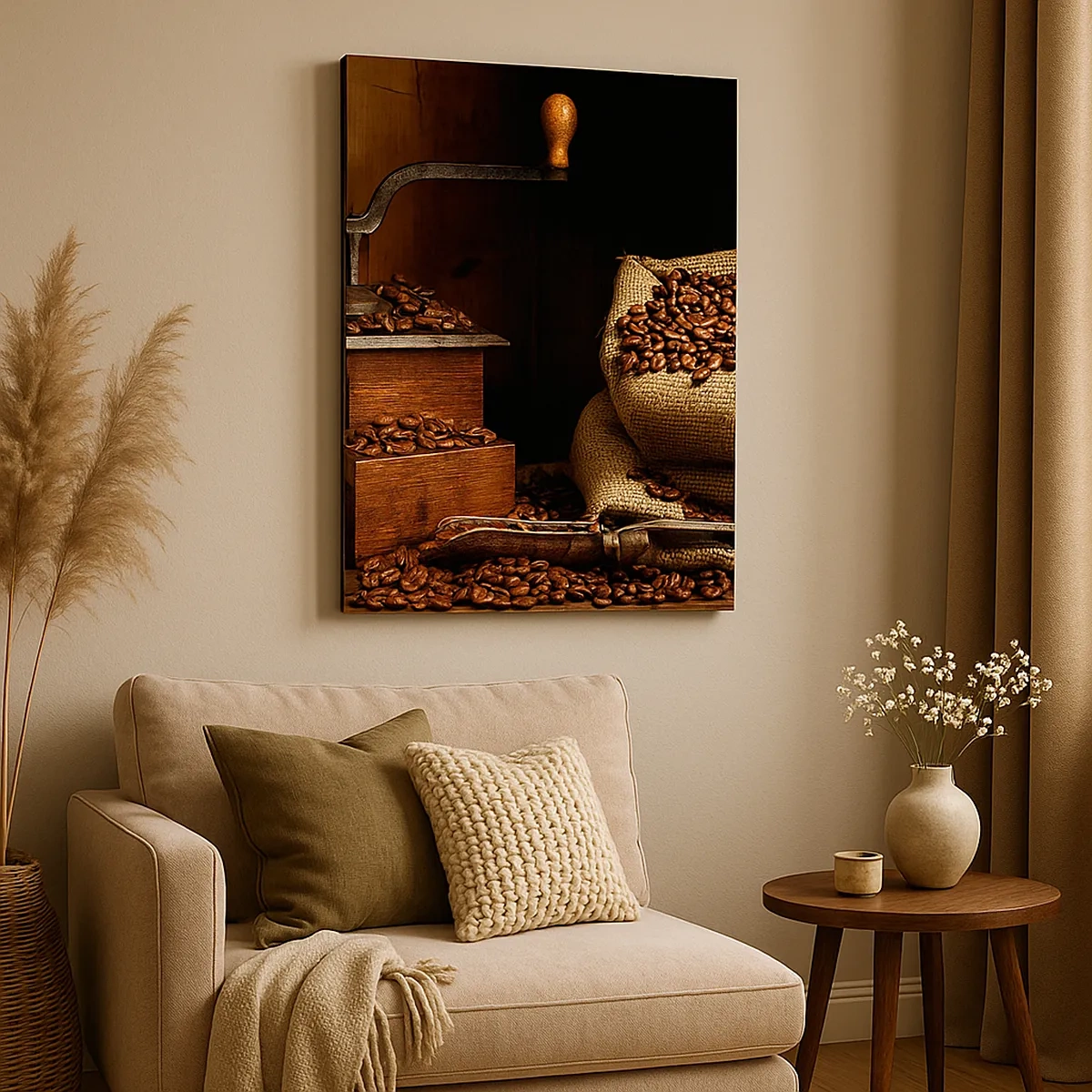 Vászonkép - Csendélet szemes kávéval és darálóval - 50x70 cm