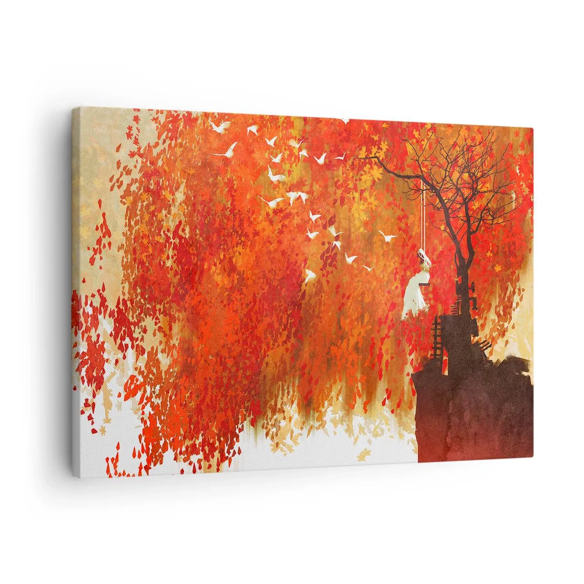 Vászonkép - Egy alak egy hintán egy fa mellett, vörös levelekkel körülvéve - 70x50cm - Repül velünk? - Modern fali dekoráció nappalihoz és hálószobához ARTTOR