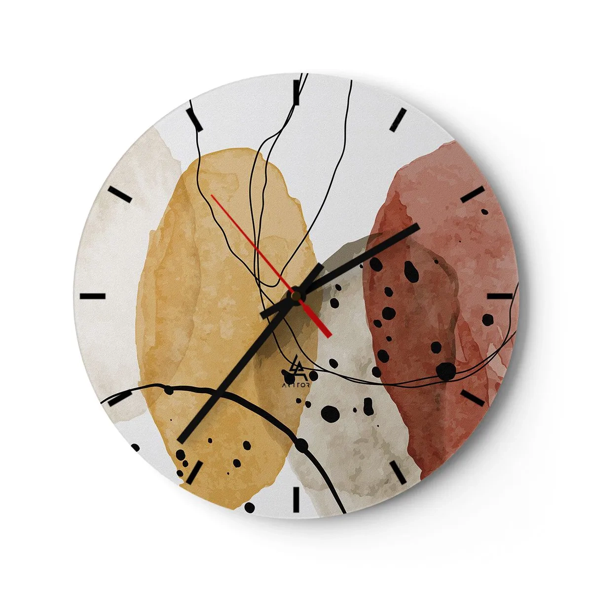 Falióra, Óra - Absztrakt színes formák fekete vonalakkal és pontokkal - 30x30cm - Mint a könnyű, friss levegő - Modern fali dekoráció nappalihoz, konyhához és hálószobához ARTTOR