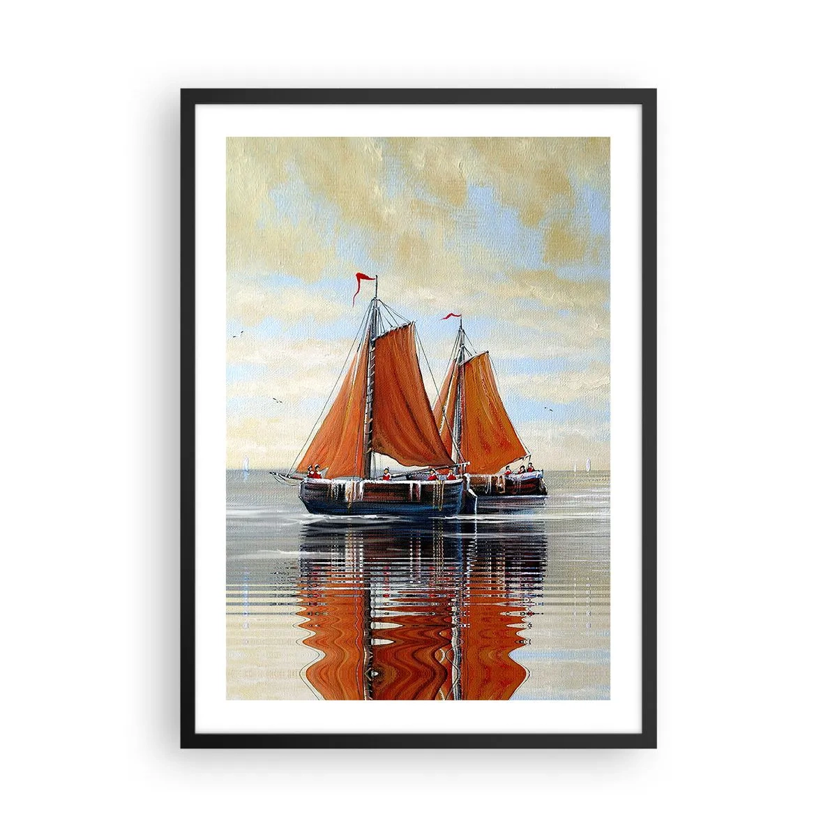 Poszter fehér keretben - Vitorlások nyugodt vízen, piros vitorlákkal - 50x70cm - Hé, vitorla, tengerész… - Modern fali dekoráció nappalihoz és hálószobához ARTTOR