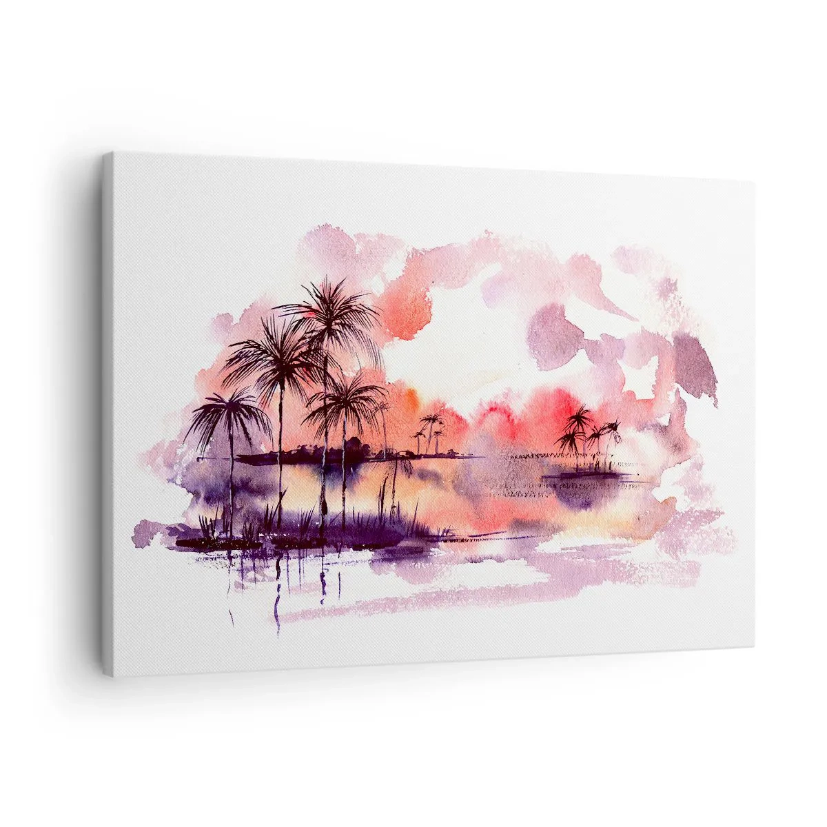Vászonkép - Trópusi táj pálmafákkal naplementekor akvarellben - 70x50cm - A trópusok nyugalma vörösben - Modern fali dekoráció nappalihoz és hálószobához ARTTOR