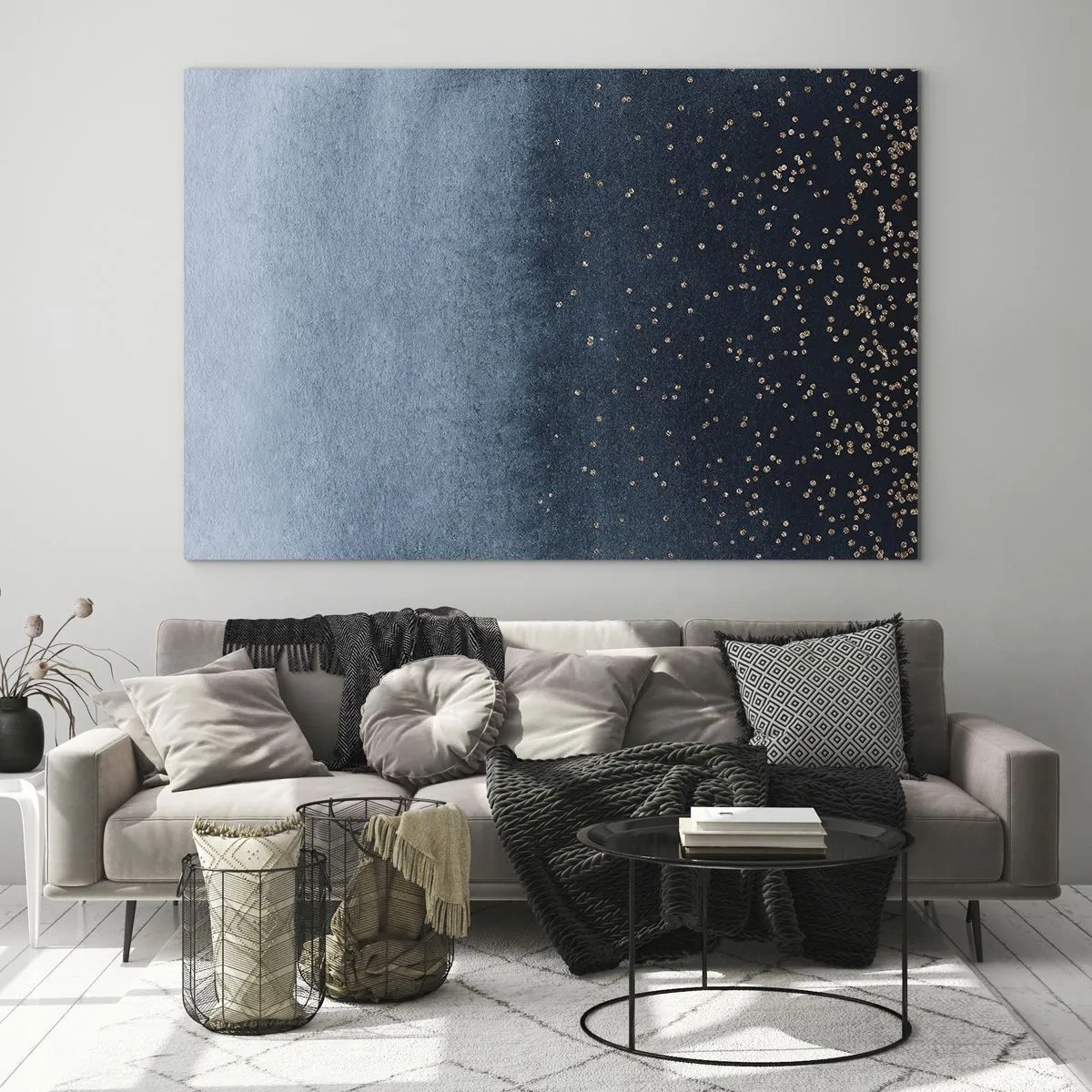 Üveg kép - Sötétkék színátmenetek apró arany pöttyökkel - 70x50cm - Kompozíció - kék fázisok - Modern fali dekoráció nappalihoz és hálószobához ARTTOR