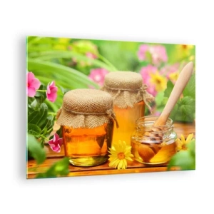 Üveg kép - Mézesüvegek a kertben virágokkal tarkított háttér előtt - 70x50cm - Édes és virágos - Modern fali dekoráció nappalihoz és hálószobához ARTTOR