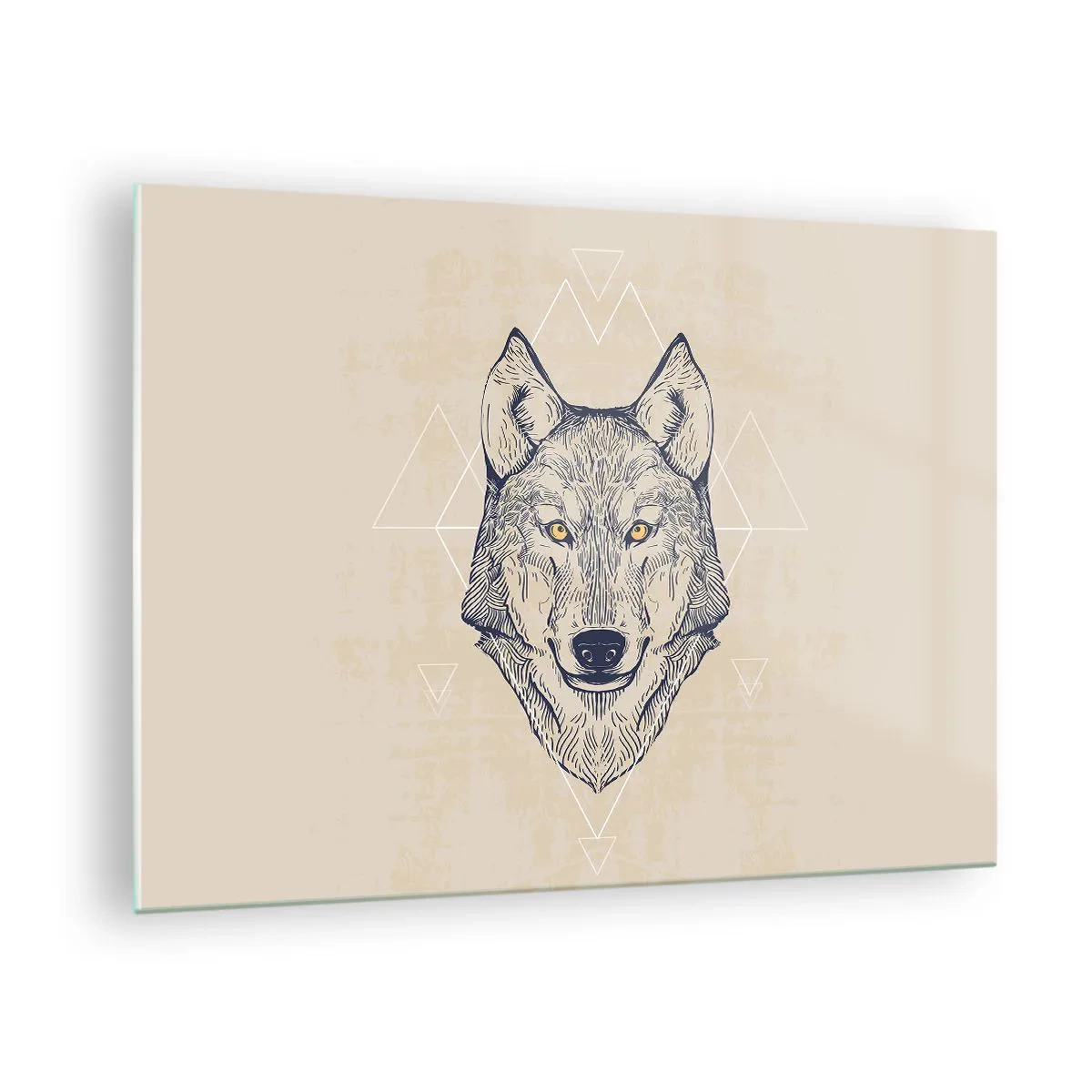 Üveg kép - Farkasfej geometrikus mintázatú háttérrel - 70x50cm - Átható tekintetű alfa - Modern fali dekoráció nappalihoz és hálószobához ARTTOR