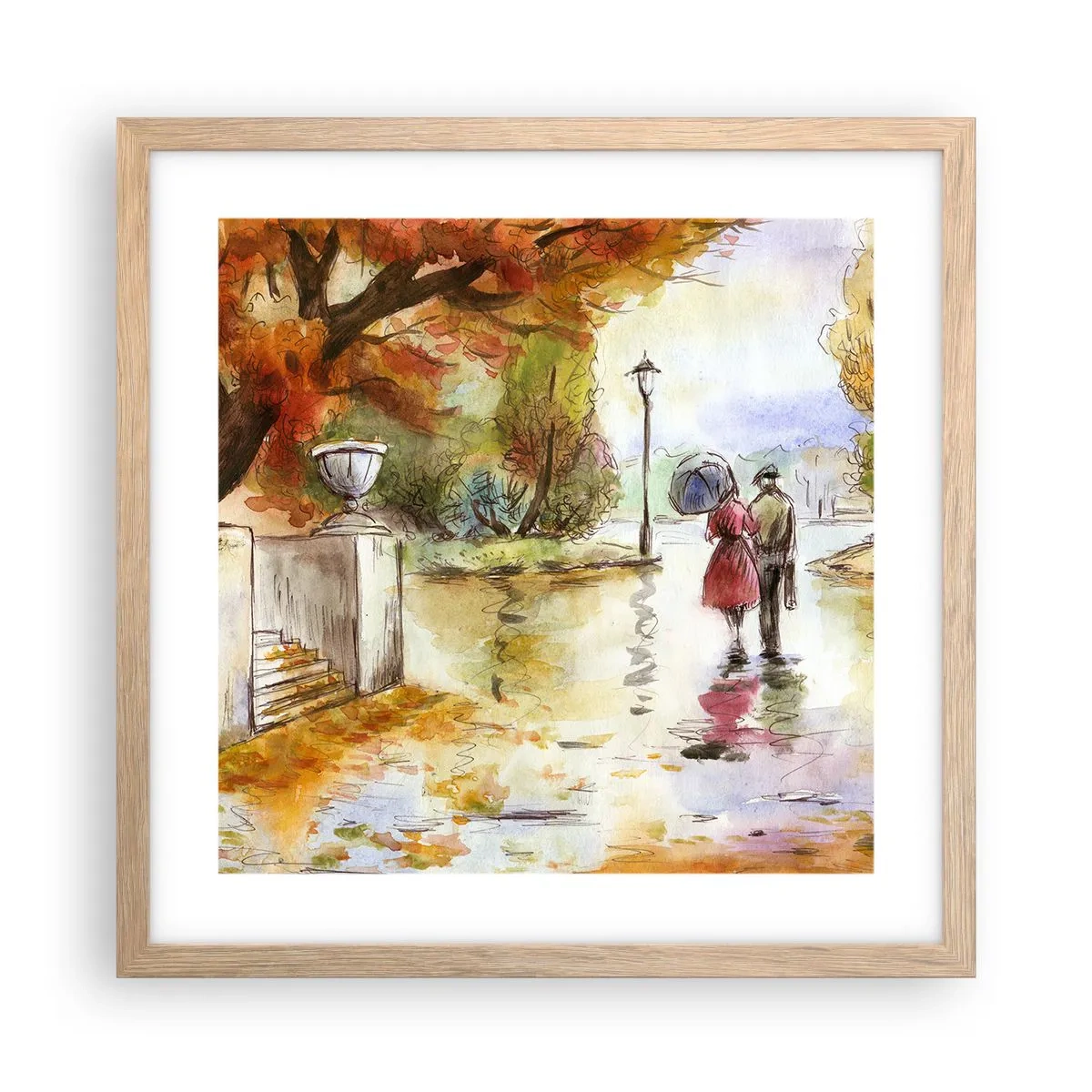 Poszter világos tölgy keretben - Romantikus ősz a parkban - 40x40 cm