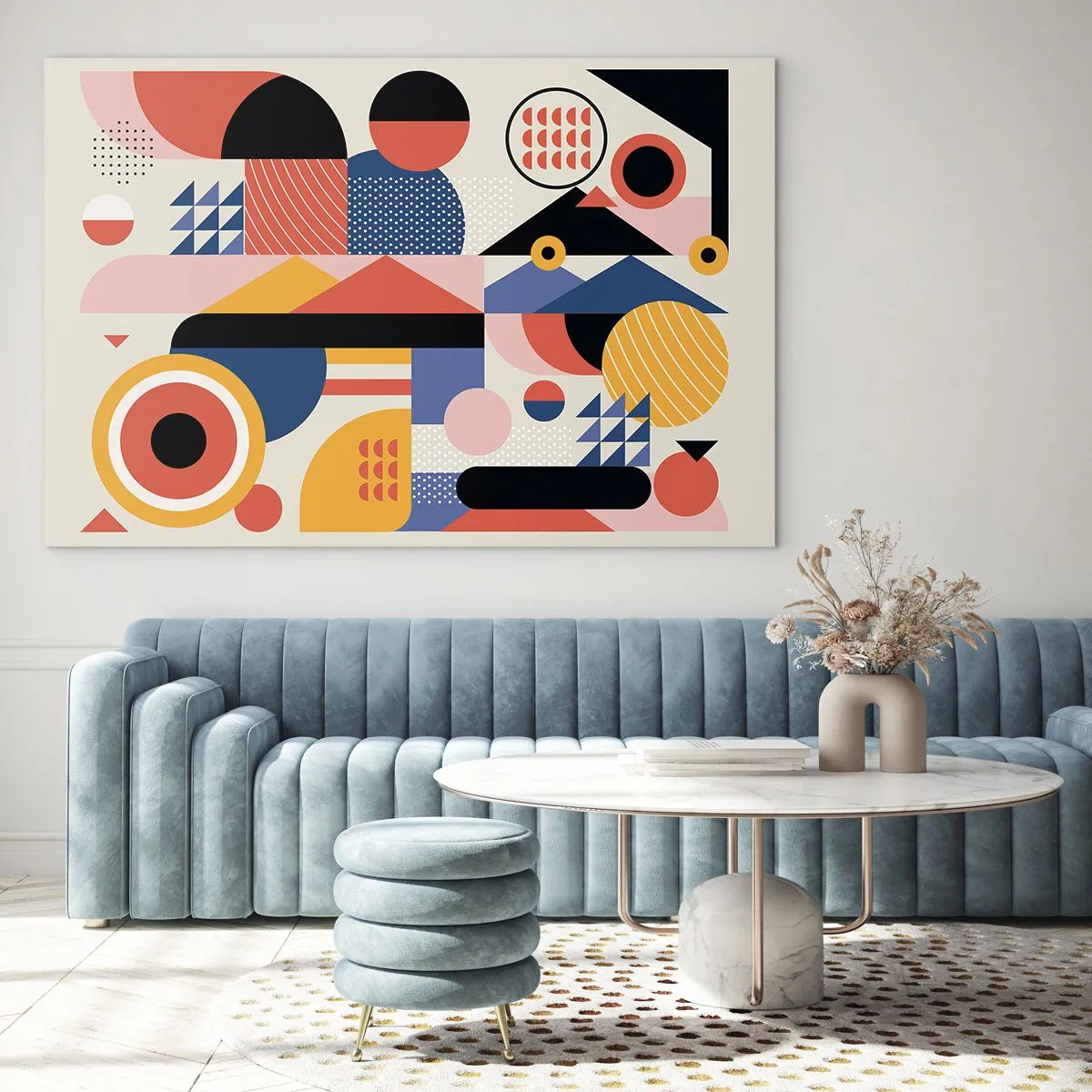 Üveg kép - Színes geometriai absztrakció körökkel és háromszögekkel - 70x50cm - Összetétel: játszadozzunk - Modern fali dekoráció nappalihoz és hálószobához ARTTOR