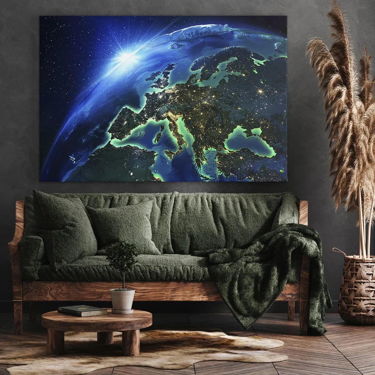 Vászonkép - Az Európa látképe az űrből a felkelő nap fényében. - 70x50cm - Ragyogó Európa - Modern fali dekoráció nappalihoz és hálószobához ARTTOR