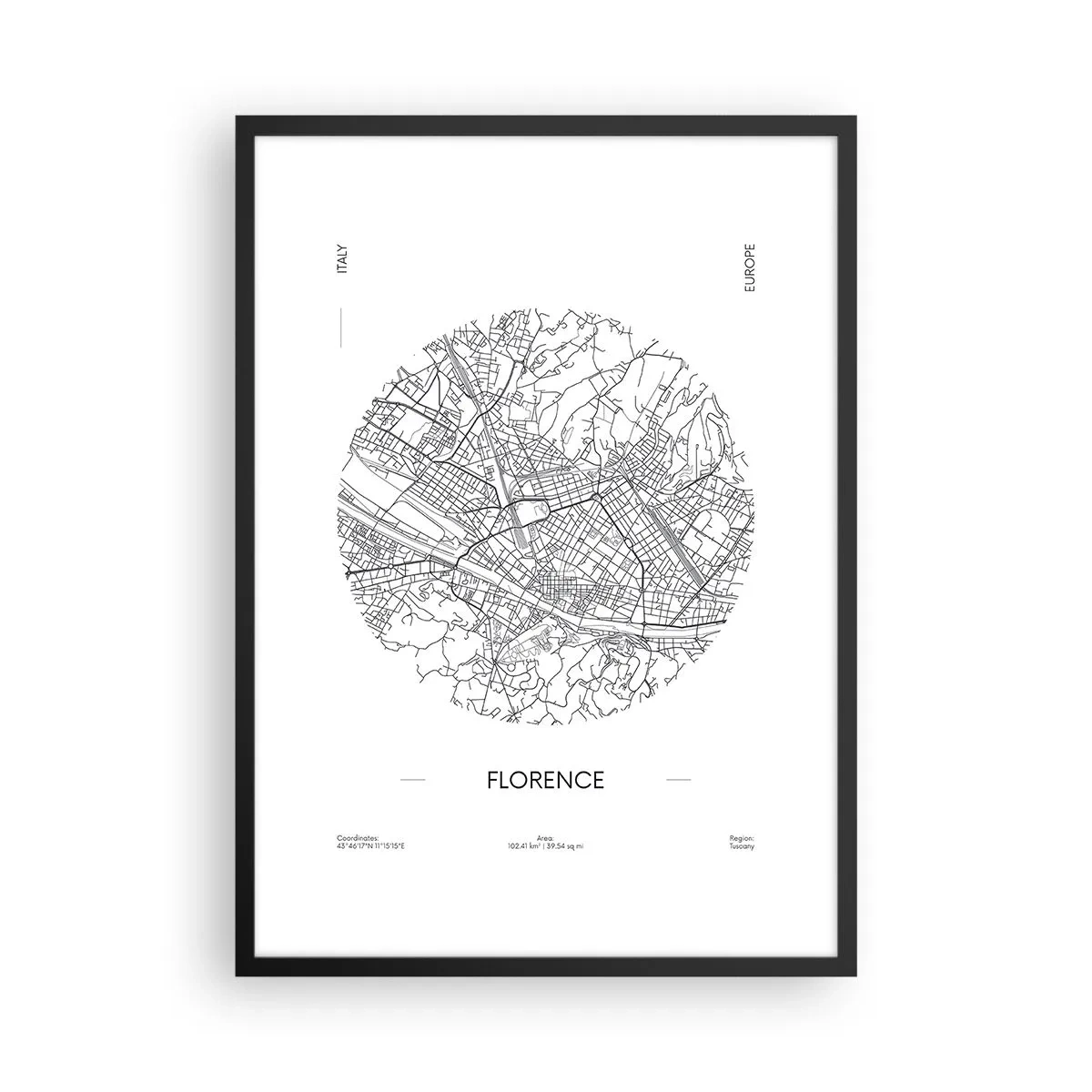 Poszter fehér keretben - Firenze minimalista térképe fekete-fehérben. - 50x70cm - Firenze anatómiája - Modern fali dekoráció nappalihoz és hálószobához ARTTOR