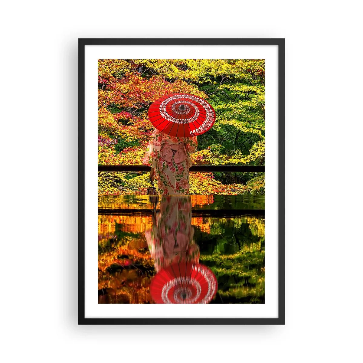 Poszter fehér keretben - Egy nő kimonóban, piros esernyővel, őszi levelek hátterében. - 50x70cm - A természet templomában - Modern fali dekoráció nappalihoz és hálószobához ARTTOR