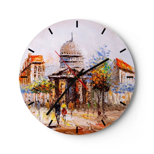 Falióra, Óra - Festői utcakép a katedrálissal a háttérben - 30x30cm - Párizsi séta - Modern fali dekoráció nappalihoz, konyhához és hálószobához ARTTOR