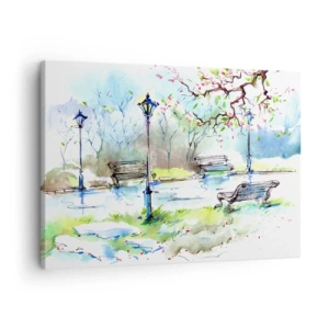 Vászonkép - Akvarell parkjelenet padokkal és lámpákkal - 70x50cm - A park csendjének varázsa - Modern fali dekoráció nappalihoz és hálószobához ARTTOR