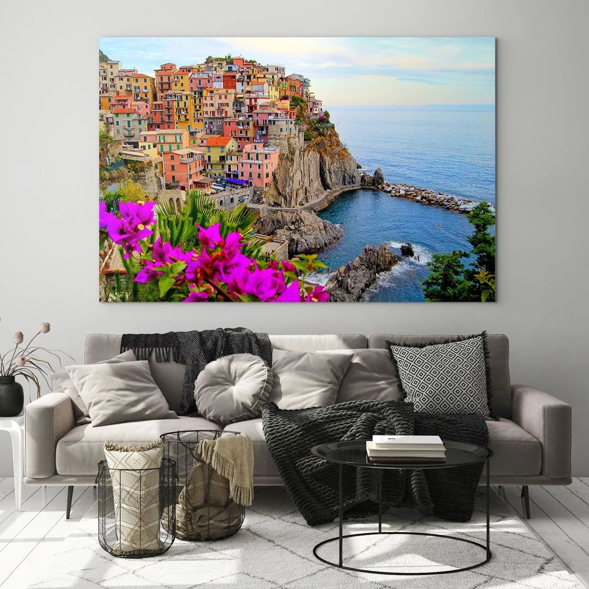 Üveg kép - Színes házak egy tengerre néző sziklán - 70x50cm - Nevető város - Modern fali dekoráció nappalihoz és hálószobához ARTTOR