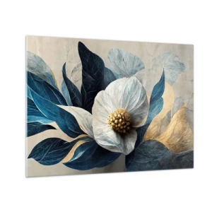 Üveg kép - Fehér virágkompozíció sötétkék levelekkel és arany középponttal - 70x50cm - Arany szíve van - Modern fali dekoráció nappalihoz és hálószobához ARTTOR