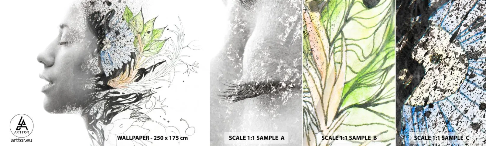 Fotótapéta Minta Öntapadós Deluxe Sticker - Elmerülve a természetben - Absztrakció, Női Arc, Virágok - 100x30 cm