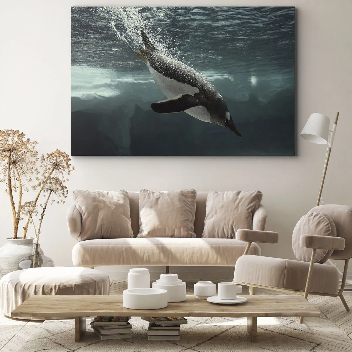 Vászonkép - Egy pingvin merül a jeges víz mélyébe - 70x50cm - Üdv a világomban - Modern fali dekoráció nappalihoz és hálószobához ARTTOR