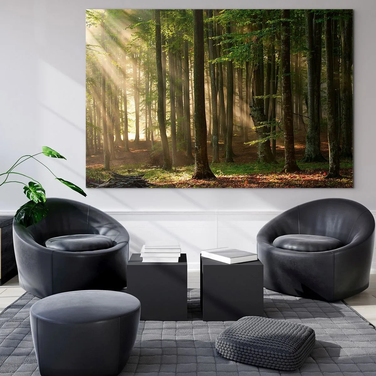 Üveg kép - Napsugarak sütnek át az erdő fái között - 70x50cm - Ragyogó tavaszi reggelen - Modern fali dekoráció nappalihoz és hálószobához ARTTOR
