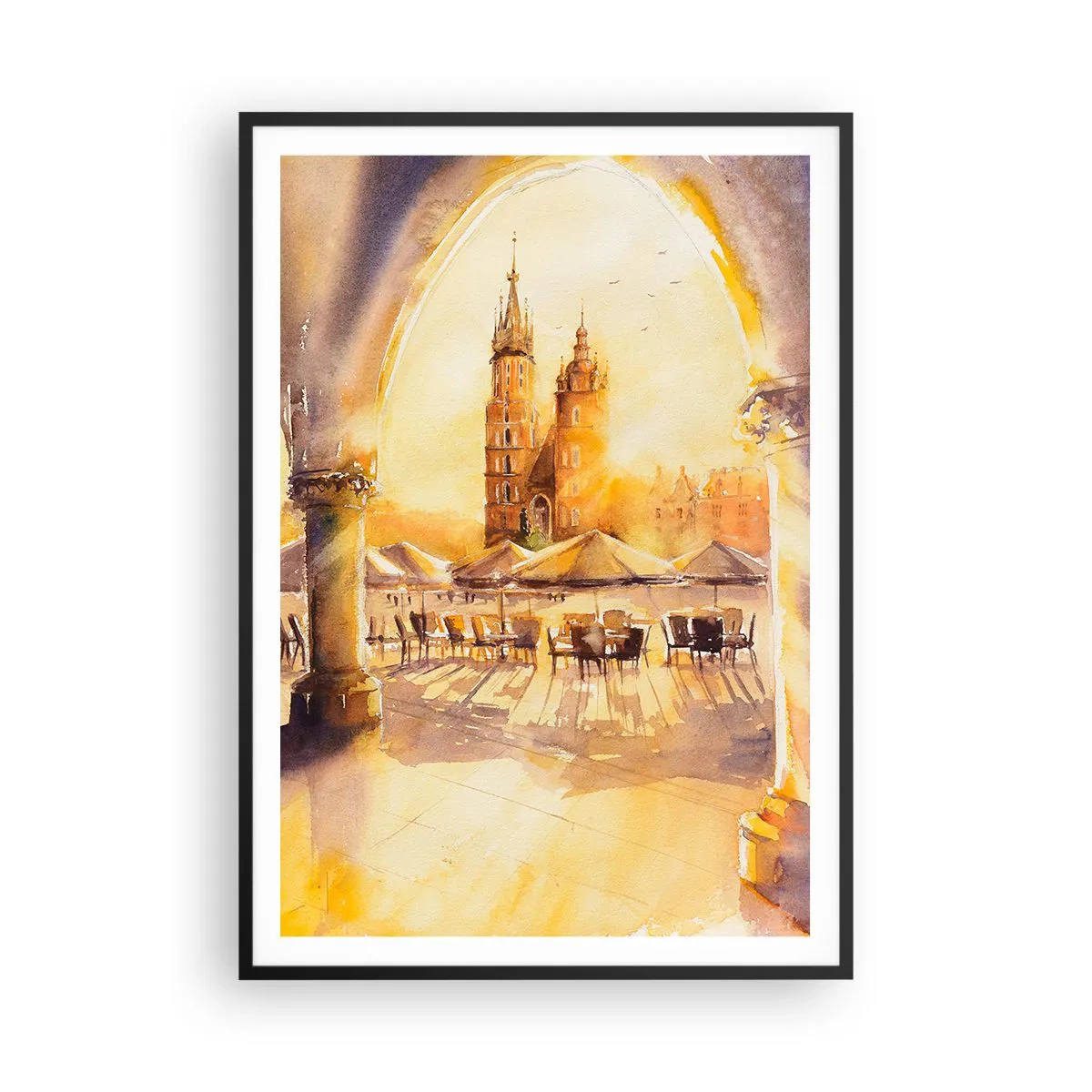 Poszter fehér keretben - Napkelte a krakkói piactér felett - 70x100 cm