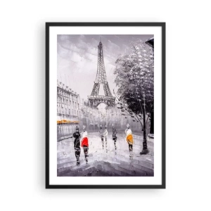 Poszter fehér keretben - Az Eiffel-torony utcaképével egy esős napon - 50x70cm - Párizsi séta - Modern fali dekoráció nappalihoz és hálószobához ARTTOR