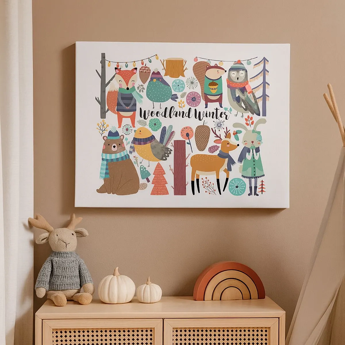 Vászonkép - Téli erdei állatok színes grafikákkal - 70x50cm - Mesebeli ünnepek az erdőben - Modern fali dekoráció nappalihoz és hálószobához ARTTOR