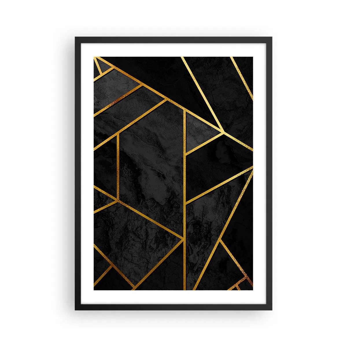 Poszter fehér keretben - Geometrikus minták aranyban fekete alapon - 50x70cm - Sötétség és ragyogás - Modern fali dekoráció nappalihoz és hálószobához ARTTOR