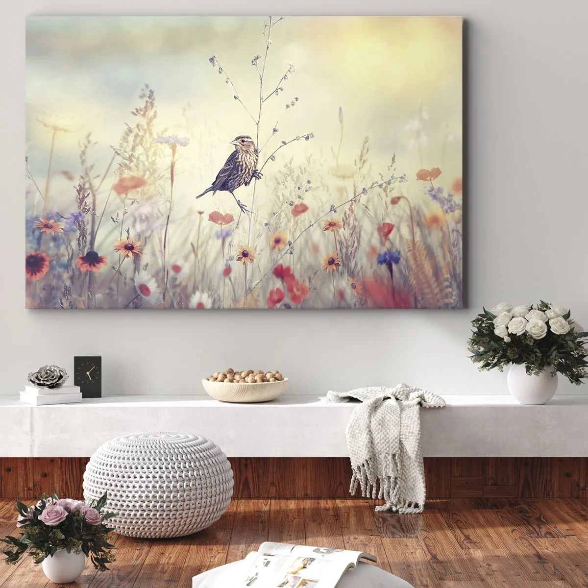 Vászonkép - Egy madár egy színes réten, pasztell színekben - 70x50cm - Madárportré egy réttel a háttérben - Modern fali dekoráció nappalihoz és hálószobához ARTTOR