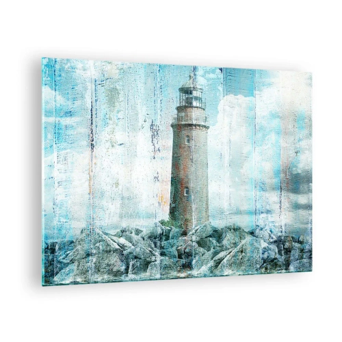 Üveg kép - Vintage világítótorony felhőkkel a háttérben - 70x50cm - Régi fán - Modern fali dekoráció nappalihoz és hálószobához ARTTOR