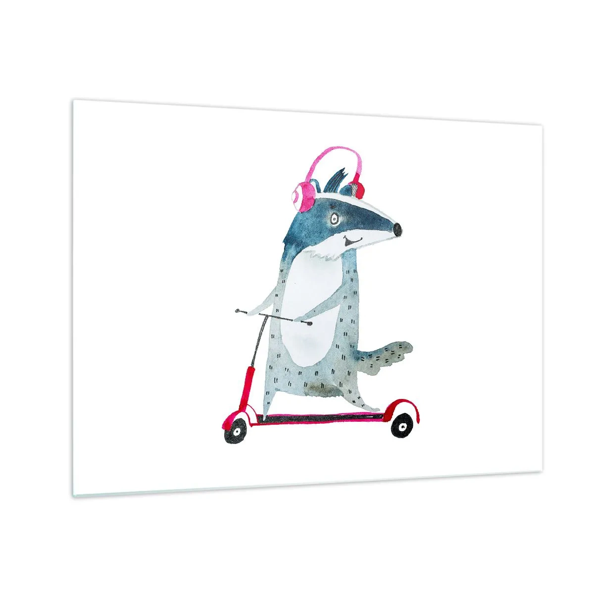 Üveg kép - Borz fejhallgatóval egy akvarell robogón - 70x50cm - Borzas örömök - Modern fali dekoráció nappalihoz és hálószobához ARTTOR