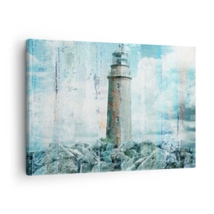 Vászonkép - Egy világítótorony egy sziklás parton pasztell színekben - 70x50cm - Régi fán - Modern fali dekoráció nappalihoz és hálószobához ARTTOR