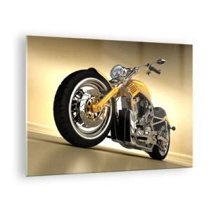 Üveg kép - Egy arany színű, egyedi motorkerékpár világos háttér előtt - 70x50cm - Álom az erőről és gyorsaságról - Modern fali dekoráció nappalihoz és hálószobához ARTTOR