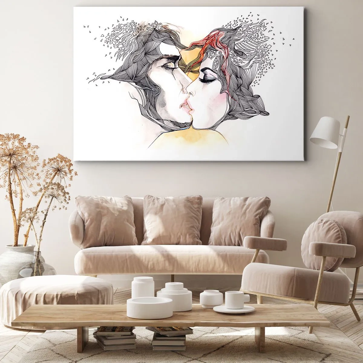 Vászonkép - Egy pár művészi portréja absztrakt hajmotívumokkal - 70x50cm - A világ nem létezik - Modern fali dekoráció nappalihoz és hálószobához ARTTOR