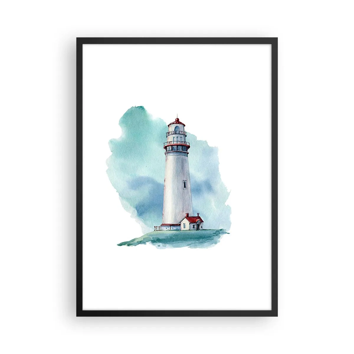 Poszter fehér keretben - Egy kék éggel körülvett világítótorony festői illusztrációja. - 50x70cm - A kék szelíd húga - Modern fali dekoráció nappalihoz és hálószobához ARTTOR