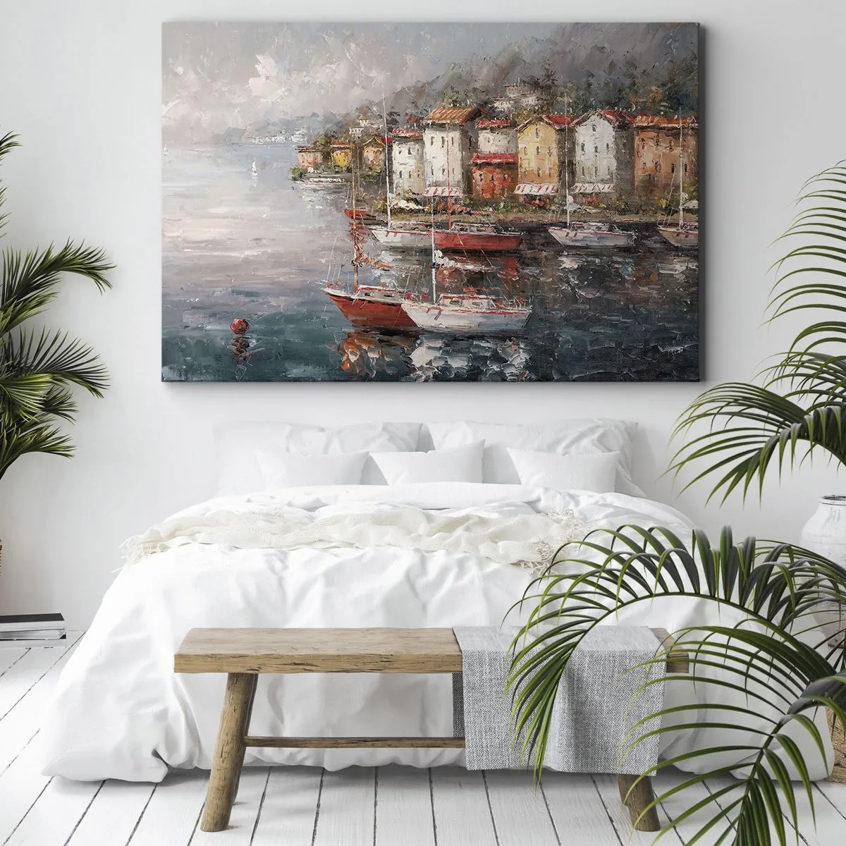 Vászonkép - Tengerparti táj hajókkal és színes házakkal - 70x50cm - Romantikus kikötő - Modern fali dekoráció nappalihoz és hálószobához ARTTOR