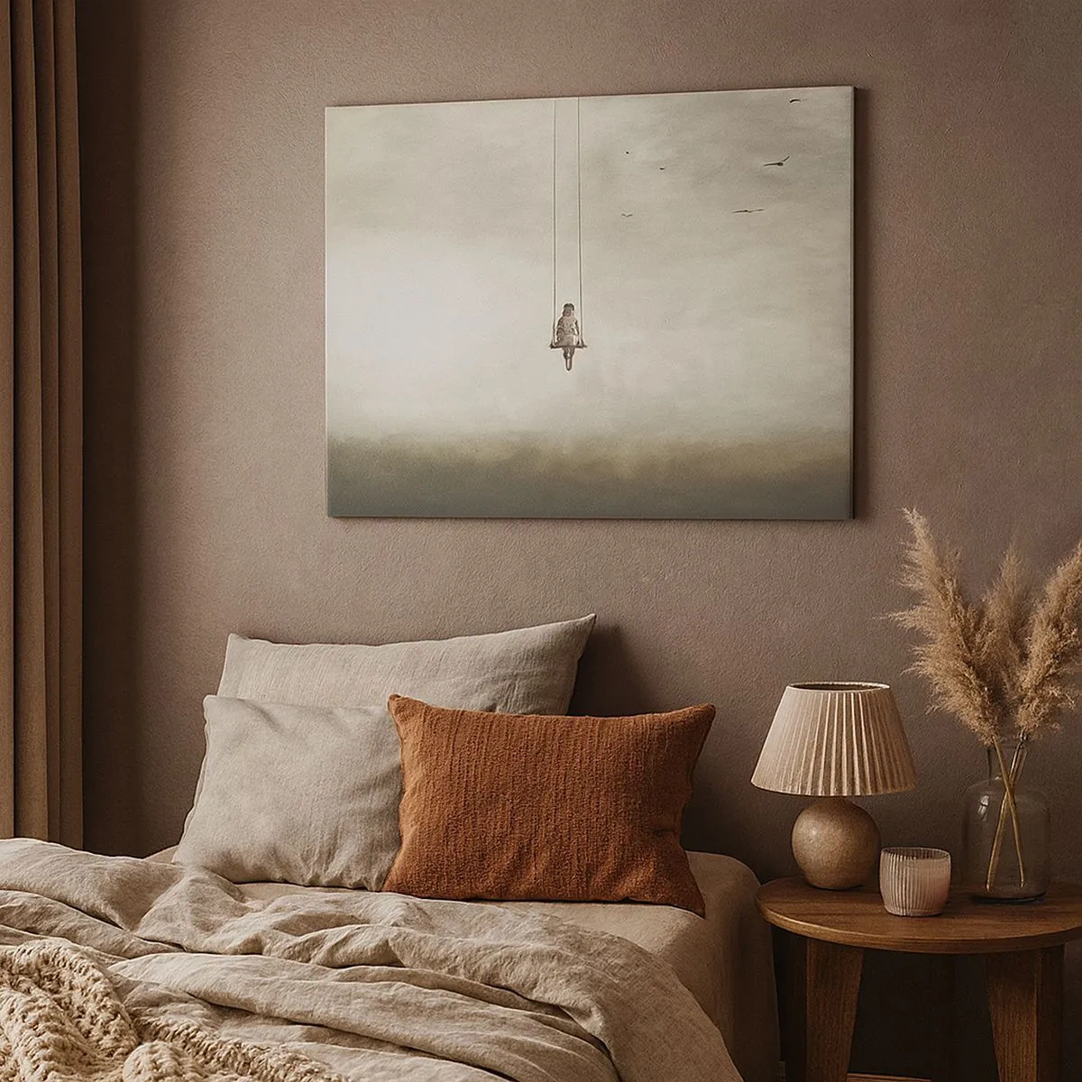 Vászonkép - Egy alak egy hintán lebegve az űrben - 70x50cm - A bennünk lévő gyerek - Modern fali dekoráció nappalihoz és hálószobához ARTTOR