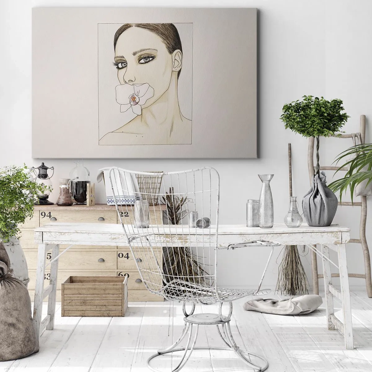 Vászonkép - Portré egy nőről, akinek finom színű orchideája van - 70x50cm - Az elegancia és a szépség szimbóluma - Modern fali dekoráció nappalihoz és hálószobához ARTTOR