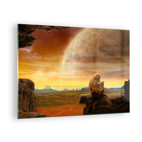 Üveg kép - Majmok ülnek egy sziklán, a háttérben egy hatalmas holddal - 70x50cm - A szerelem mindenhol ugyanaz - Modern fali dekoráció nappalihoz és hálószobához ARTTOR