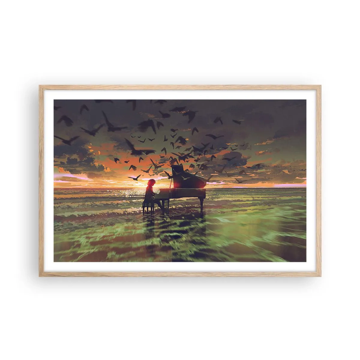 Poszter világos tölgy keretben - Koncert zongorára és a hullámokra - 91x61 cm