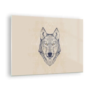 Üveg kép - Farkasfej geometrikus mintázatú háttérrel - 70x50cm - Átható tekintetű alfa - Modern fali dekoráció nappalihoz és hálószobához ARTTOR
