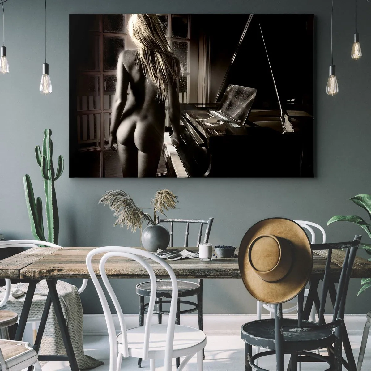 Vászonkép - Női akt a zongoránál fekete-fehér stílusban - 70x50cm - Az este tökéletes harmóniája - Modern fali dekoráció nappalihoz és hálószobához ARTTOR