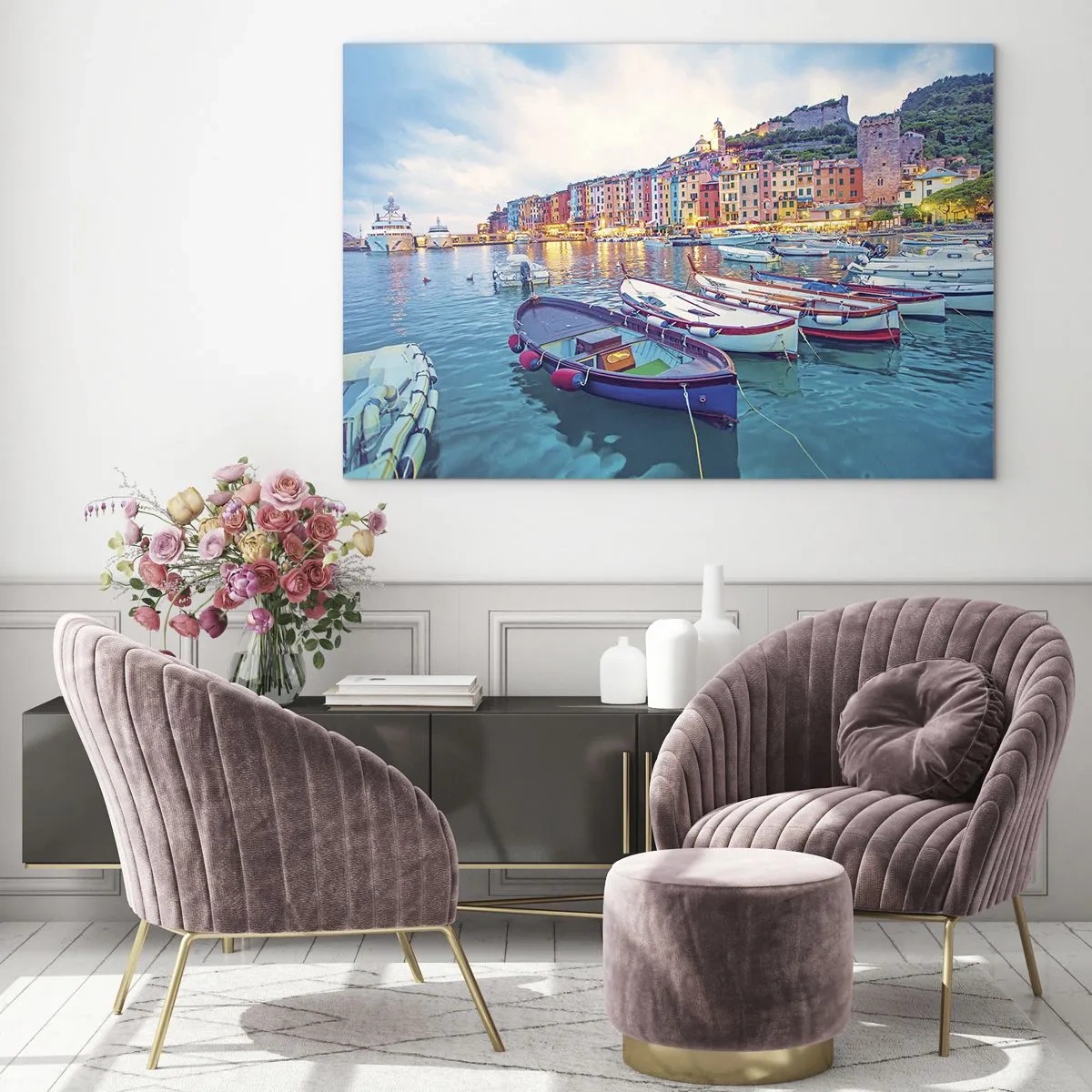 Üveg kép - Cinque Terre esti látképe színes épületeivel - 70x50cm - Színes este a kikötőben - Modern fali dekoráció nappalihoz és hálószobához ARTTOR